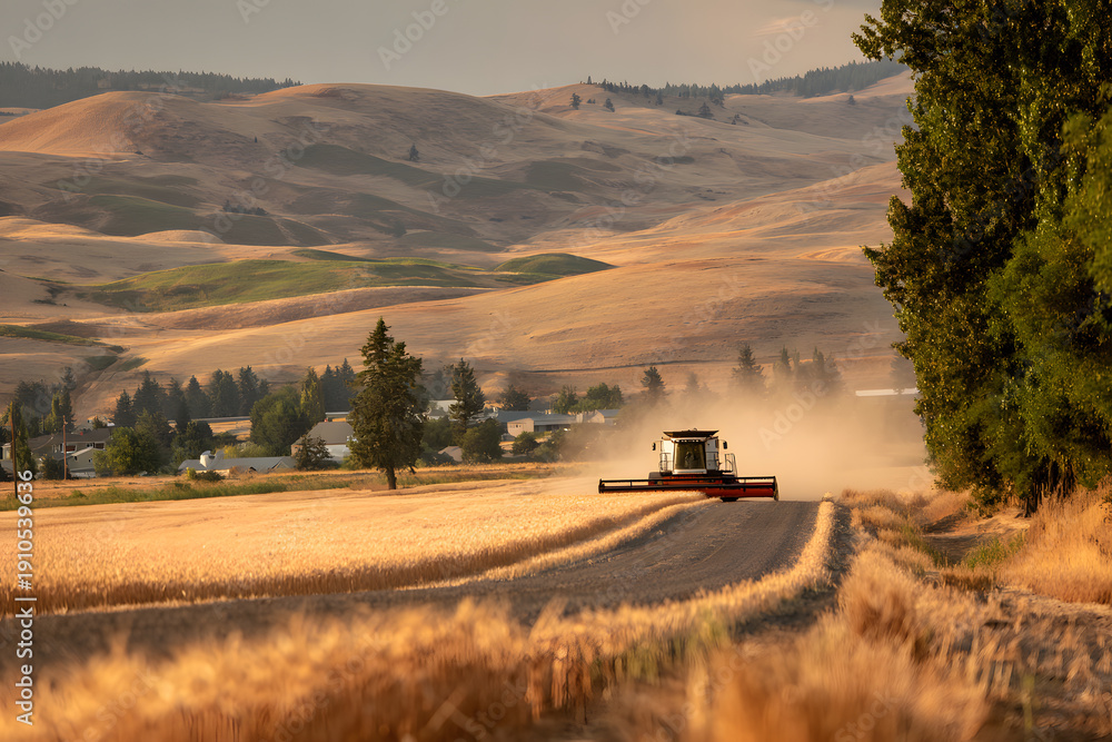 Fototapeta premium Combine harvester working in golden wheat field at sunset