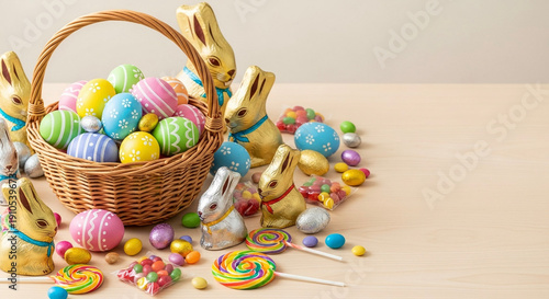 Colorful Easter eggs and candy arranged in a woven basket  