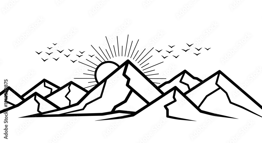 Fototapeta premium Black and White Mountain Landscape Illustration.