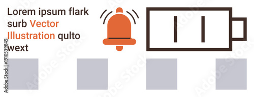 Digital notifications, battery status, alerts, mobile interfaces, technology communication, user interface. Visual of a ringing bell and battery icon. Digital notifications and battery status concept