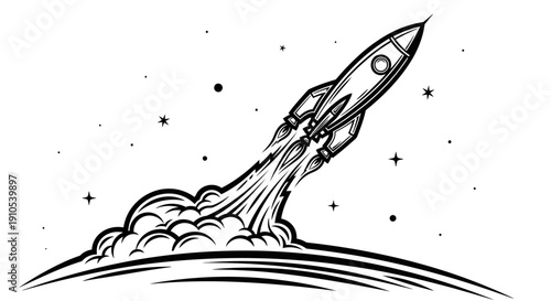 Black and White Rocket Launching into Space.