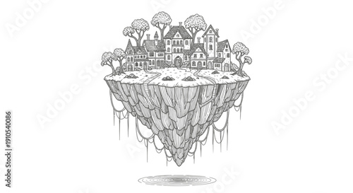 Floating Island Village Sketch Artwork Illustration.