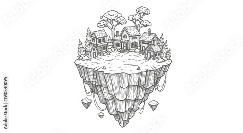 Floating Island with Buildings and Trees Illustration.