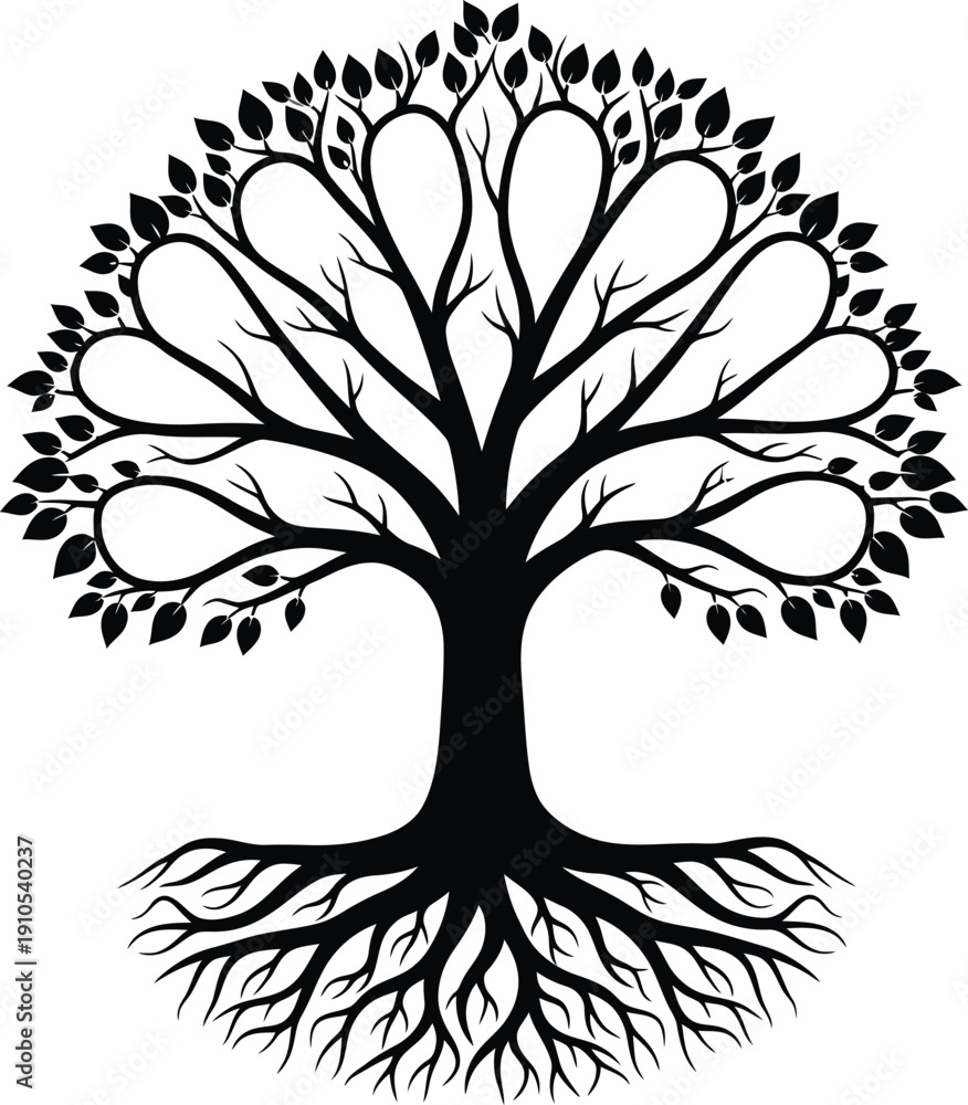 Obraz premium Tree with roots and leaves silhouette