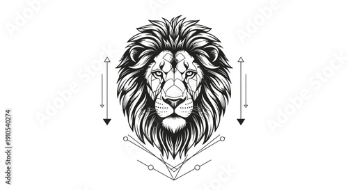 Lion Head Illustration with Arrows and Ornaments.