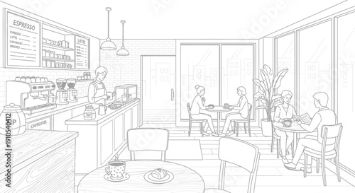 Sketch of Modern Coffee Shop Interior.