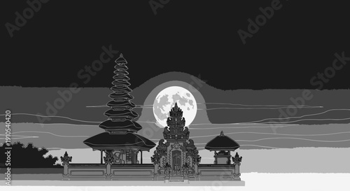 Temple Architecture Silhouette with Full Moon.