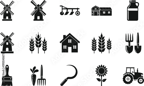 Farming and agriculture icon vector set, rural tool silhouette artwork collection, decorative barn motif, tractor design, wheat emblem pattern