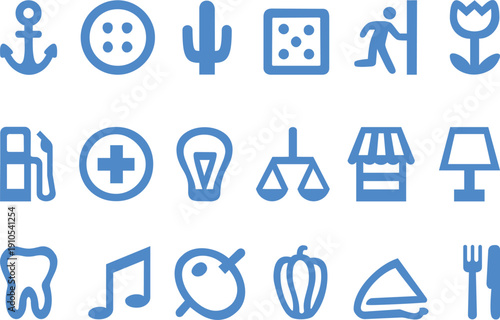 A collection of various blue icons on a white background