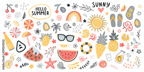 Colorful summer doodles and illustrations with fruit sun and decorative elements