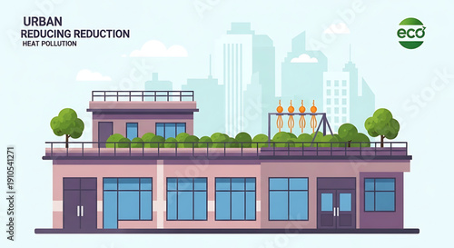 Eco friendly urban building with green rooftop reducing heat pollution in cityscape