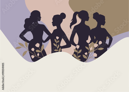 Modern vector illustration of diverse female silhouettes with floral elements. Feminism, empowerment and unity concept in soft pastel abstract background.