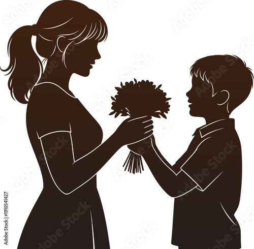 Silhouette of a child giving a flower to a woman