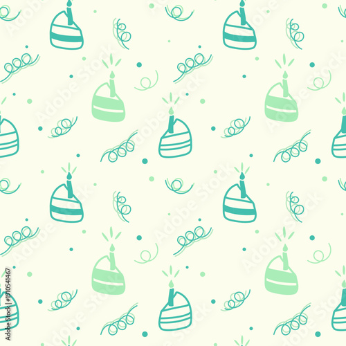 Birthday backdround. A pattern featuring doodle sketches of cake slices with candles, done in soft blue and green tones, with dessert silhouettes and streamers on soft cream background.