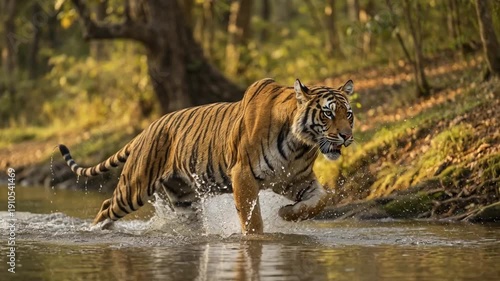 Royal Bengal Tiger running through river water in jungle forest with splashing motion