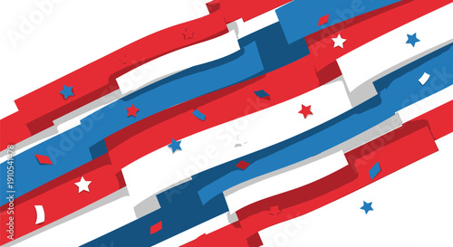 Red, white, and blue striped banner with star confetti, patriotic overlay effect for Independence Day or USA celebrations, Isolated on transparent background, png