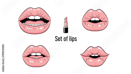 Comprehensive set of four different pink female lip poses and a single lipstick tube isolated on a white background.