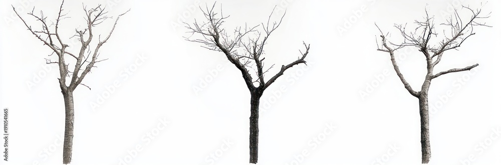 Obraz premium Three bare leafless trees with sparse branches on a stark white background, conveying solitude and quiet minimalism