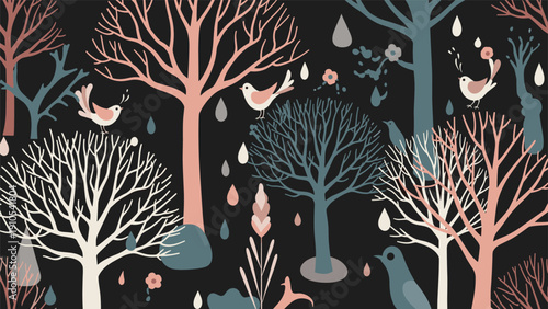 Whimsical seamless pattern featuring stylized trees, singing birds, and raindrops on a dark and atmospheric background.