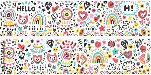 Colorful doodle pattern with hearts rainbows and playful hand drawn elements