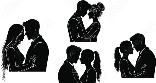 Romantic couple silhouette set, intimate man and woman embracing, wedding anniversary love concept, beautiful vector illustration