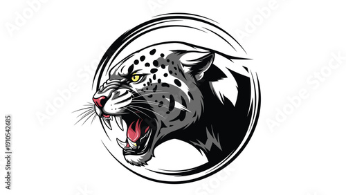 Powerful roaring leopard head illustration within a circular frame featuring sharp fangs and intense yellow eyes on white.