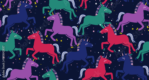 Unicorn Seamless Pattern. Unicorn in Doodle Sketch Style Wallpaper Design. Colorful Magic Horse Vector Background