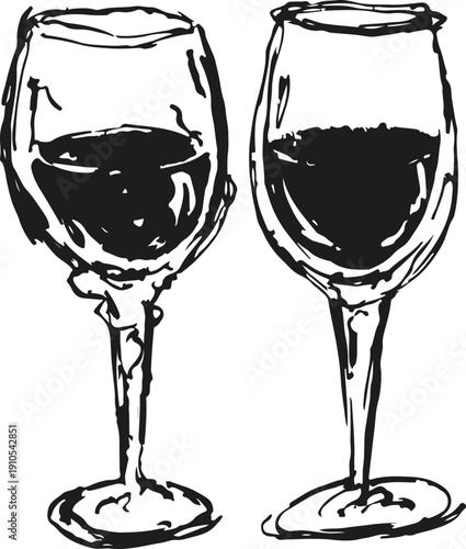 Hand Draw Wine Glasses Art. Wine Glass Sketch Illustration in Minimalist Charcoal Grunge Dirt Style. Vector Illustration for Cards, Invitations, Menus, Wall Art, Posters