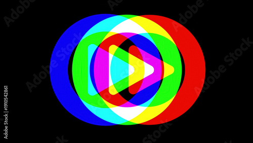 Vibrant RGB color spectrum forming concentric circles around central play button symbol on black . Distressed retro aesthetic with rainbow gradient creating dynamic media icon.
