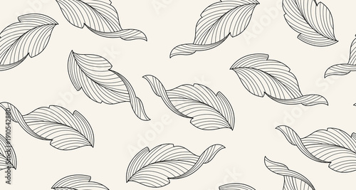 Line Art Leaves Seamless Pattern. Elegant Wallpaper Design with Leaves hand Drawn Linear Style. Creative Botanical Pattern. Fashionable Template for Fabric, Prints, Summer Design. Vector Illustration