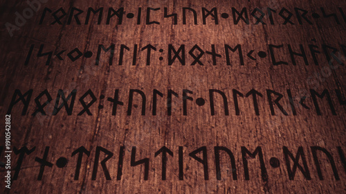 Ancient runic alphabet characters carved into textured brown stone surface with dramatic lighting (translates to the latin Lorem Ipsum placeholder). Three-dimensional orientation.
