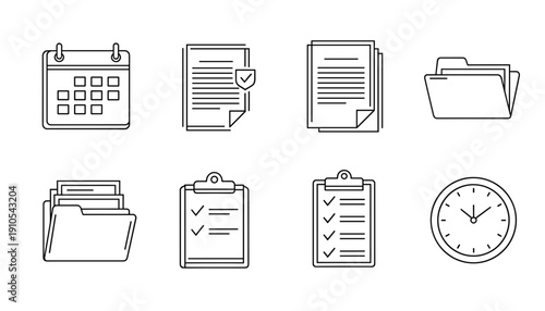 Set of line icons representing business, organization, and time management elements