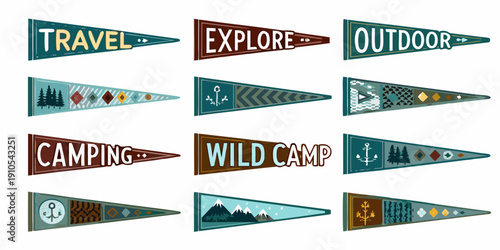 Collection of colorful pennant banners with travel and outdoor themes