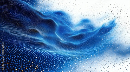 undulating blue particle landscape with glowing dots, golden specks and misty white background conveying serene futuristic motion