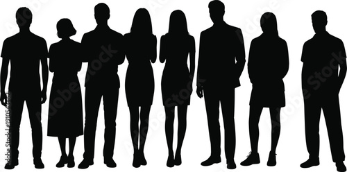 Group of business people silhouette standing together, men and women team concept, black human figures isolated on white background for corporate design