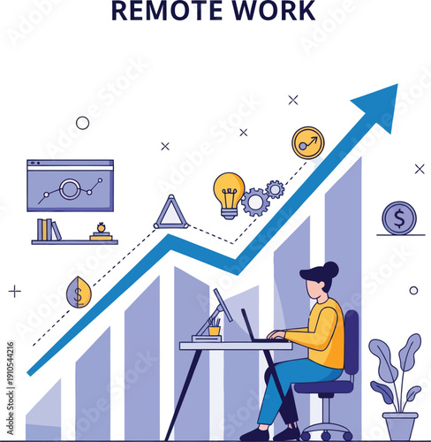 Person working remotely with graph and icons rising, isolated on transparent background