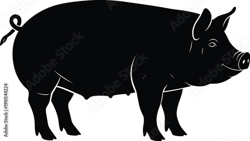 Black pig silhouette vector illustration, farm animal profile design, curled tail and snout, agriculture, husbandry, food industry concept