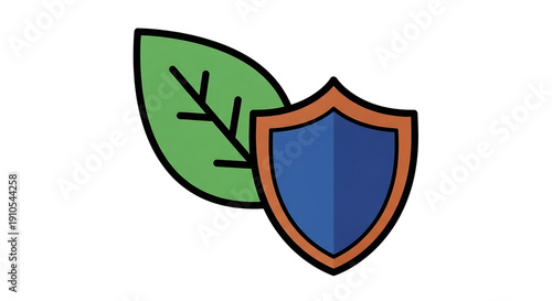 Blue shield with orange border and green leaf on white background symbolizing protection and safety