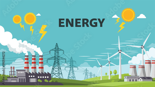 Comparative energy landscape showing a smoking factory alongside clean wind turbines and high voltage power lines.