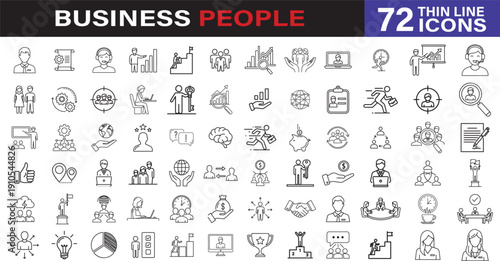 Business People Thin Line Icons Set Human Resources, Leadership, Strategy, and Corporate Management Symbols - stock vector.