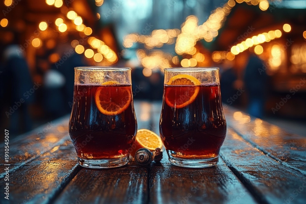 Fototapeta premium Two glasses of warm spiced drink with orange slices and a cinnamon stick on a wet wooden table at an outdoor evening market with glowing string lights, cozy festive atmosphere