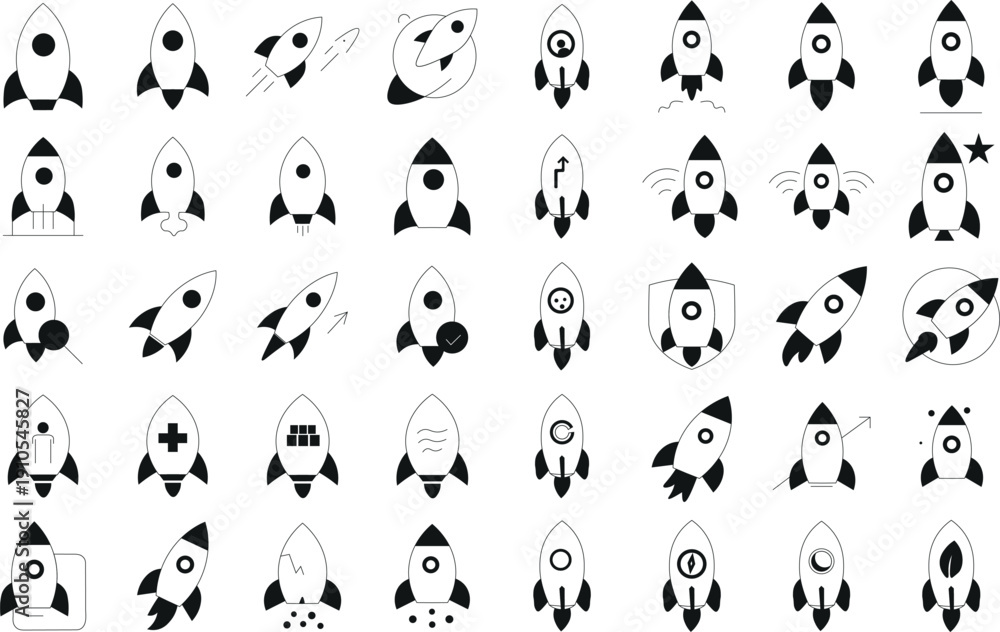 Fototapeta premium Rocket Launch Icons: A collection 40 various black white stylized rocket icons,