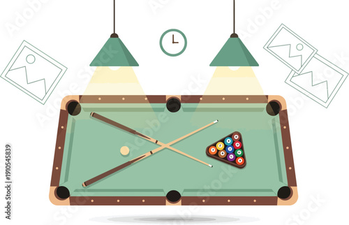 Pool table is viewed from above, featuring cue sticks, a rack of billiard balls, and two illuminated hanging lamps, surrounded by floating abstract image placeholders and a clock icon, representing.
