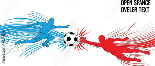 Soccer players in blue and red sportswear dynamically challenge each other for possession of a soccer ball, depicted with energetic motion lines on a white background, suggesting intense competition.