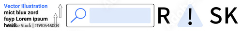 Safety protocols, cybersecurity, decision-making, online risk management, data analysis, hazard detection. Search bar, triangle with exclamation mark and letters spelling RISK. Cybersecurity