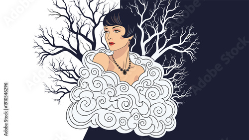 Stylish woman wearing an elegant necklace and fur shawl posed against a contrasting black and white background with barren trees.