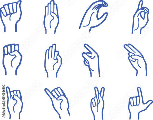 Vector collection of A collection of hand gestures in sign language showcasing various finger positions and movements