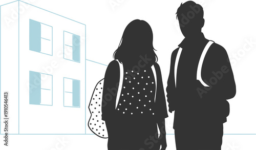 Silhouetted students wearing backpacks stand in front of a building outline, symbolizing youth, learning, and the journey of education.