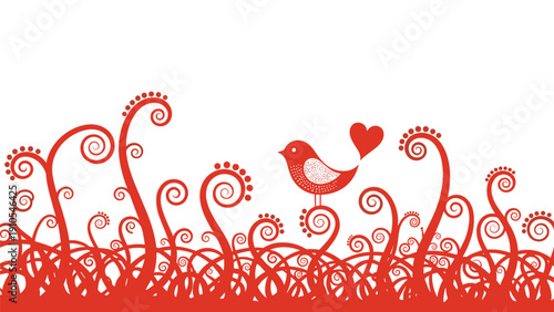 Minimalist illustration of a red bird with a heart shaped tail perched among decorative swirling red plants on a white backdrop.