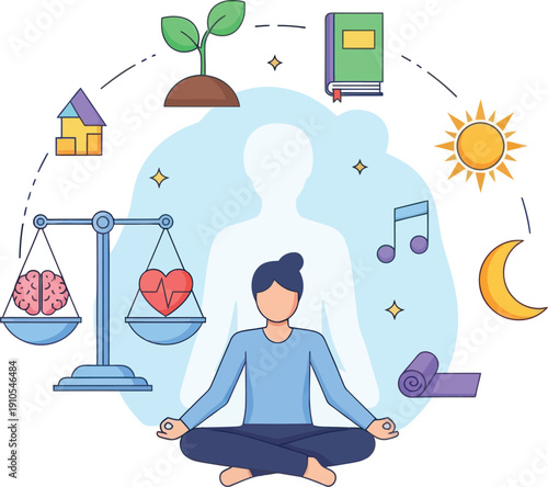 Person meditating with balanced lifestyle elements isolated on transparent background